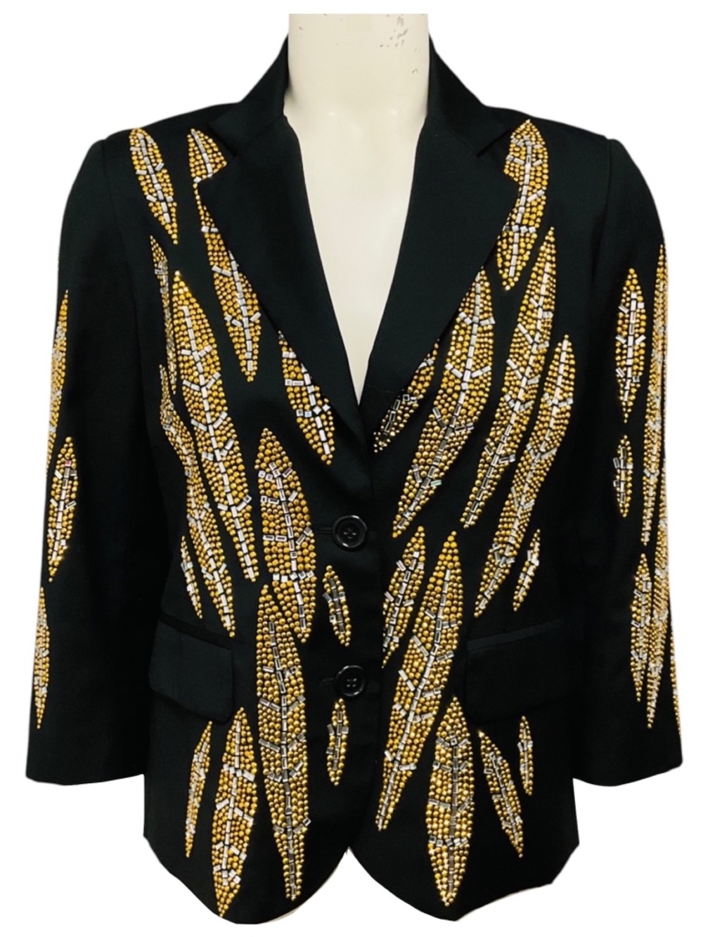 Libertine Black / Silver / Gold Rhinestone Embellished Leaf Design Wool Gabardin
